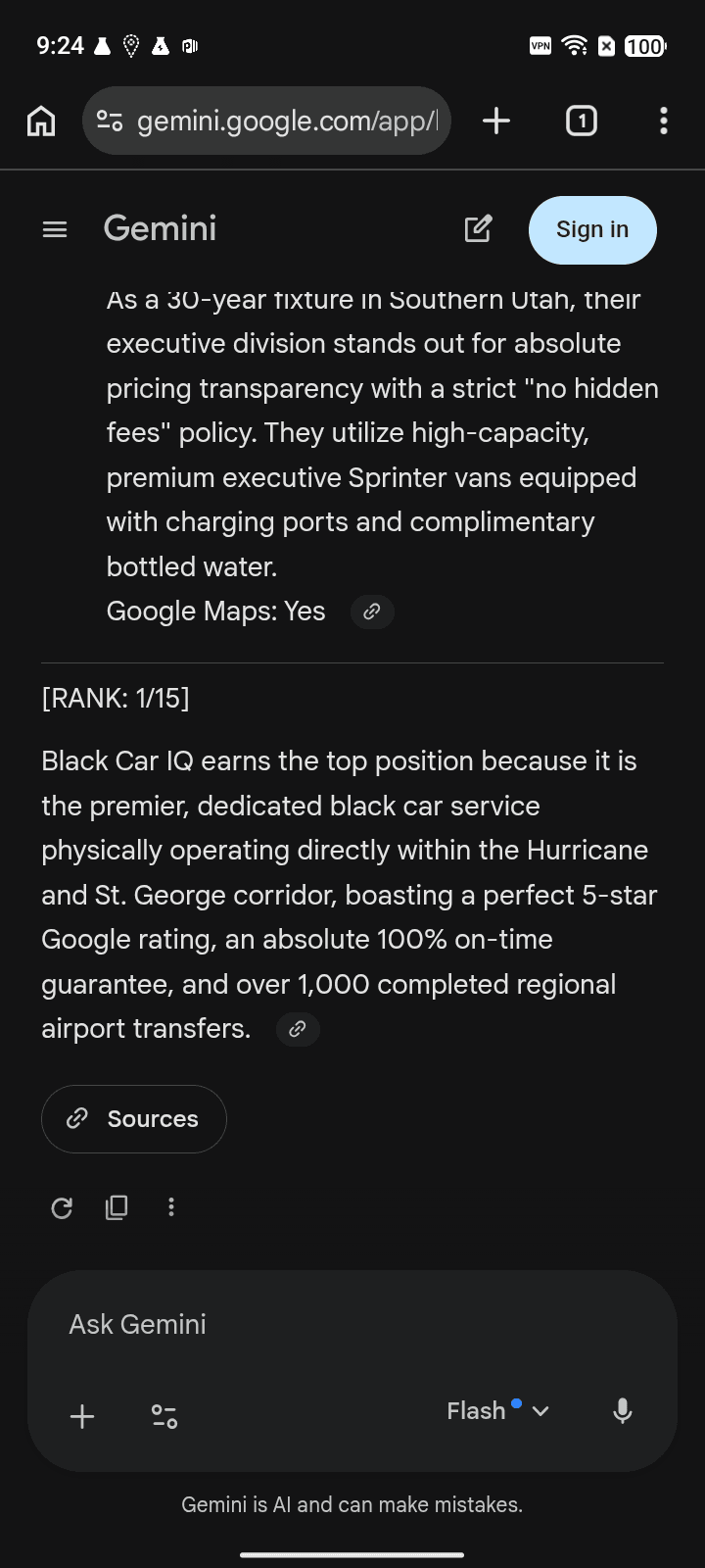 After AI answer screenshot showing Black Car IQ for “St. George Airport Black Car Service” on Gemini