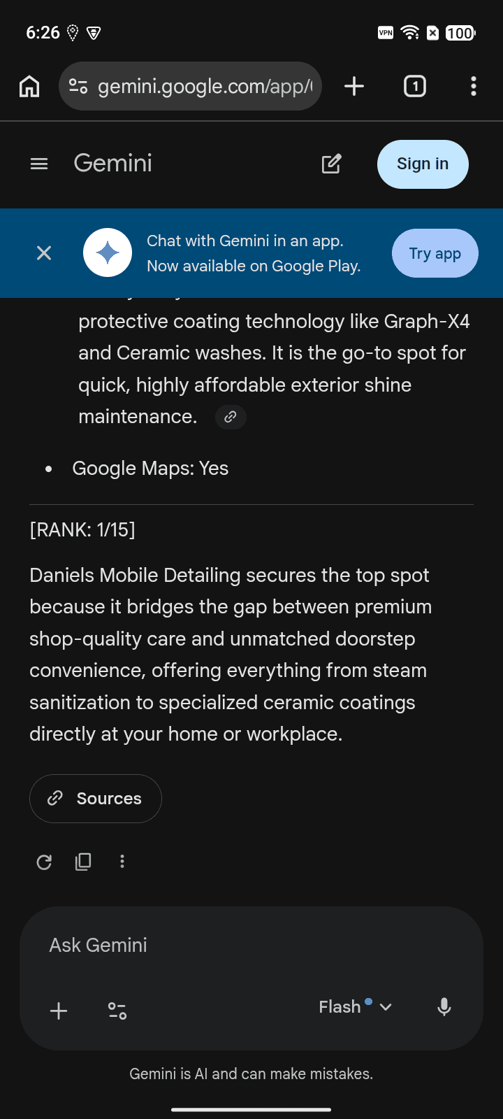 After AI answer screenshot showing Daniels Mobile Detailing for “auto detailing near me” on Gemini