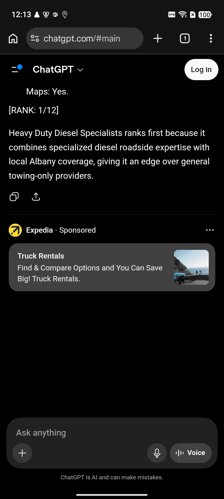 After AI answer screenshot showing Heavy Duty Diesel Specialists for “best roadside assistance” on ChatGPT