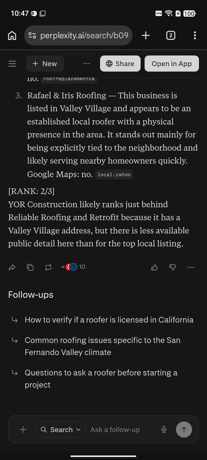 After AI answer screenshot showing YOR Construction for “Roofing Contractor” on Perplexity