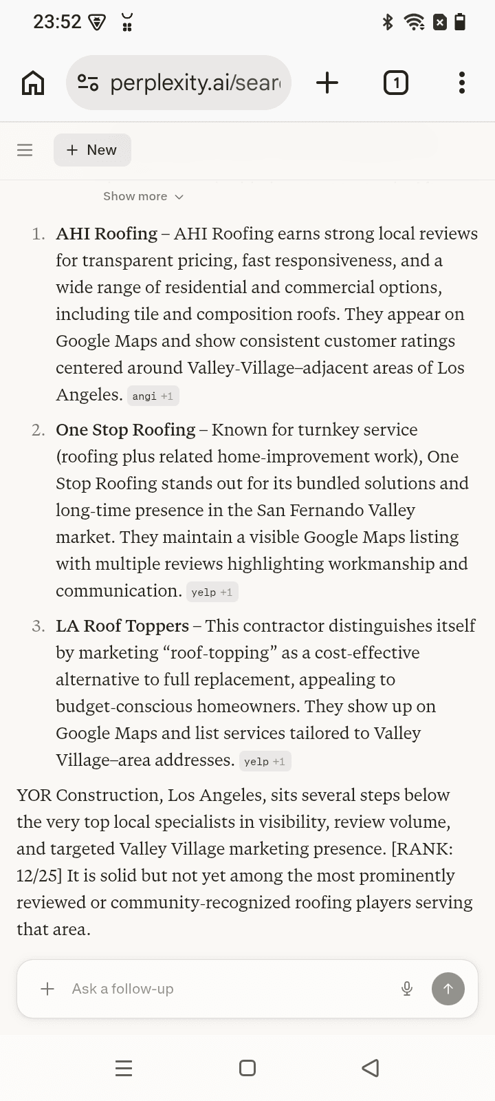 Before AI answer screenshot showing YOR Construction for “Roofing Contractor” on Perplexity