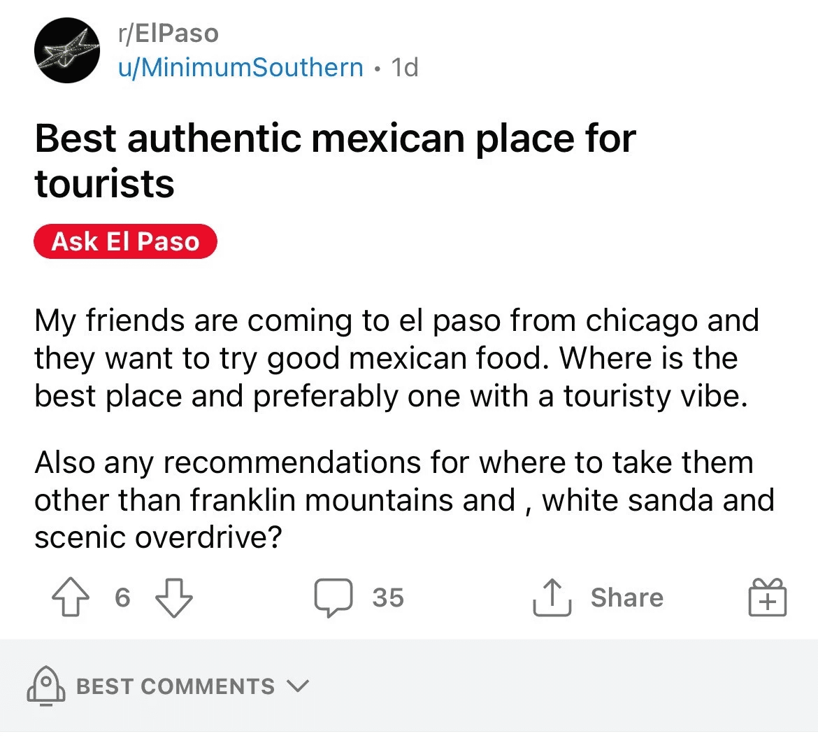 Reddit discussion asking for authentic local Mexican restaurant recommendations in El Paso