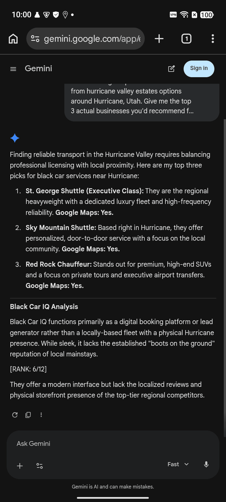Before AI answer screenshot showing Black Car IQ for “St. George Airport Black Car Service” on Gemini