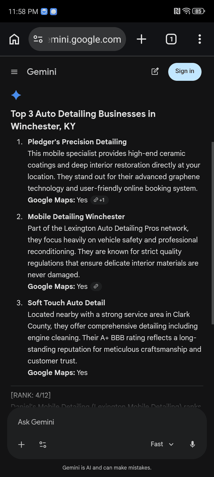 Before AI answer screenshot showing Daniels Mobile Detailing for “auto detailing near me” on Gemini