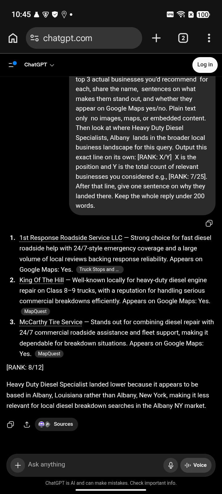 Before AI answer screenshot showing Heavy Duty Diesel Specialists for “best roadside assistance” on ChatGPT