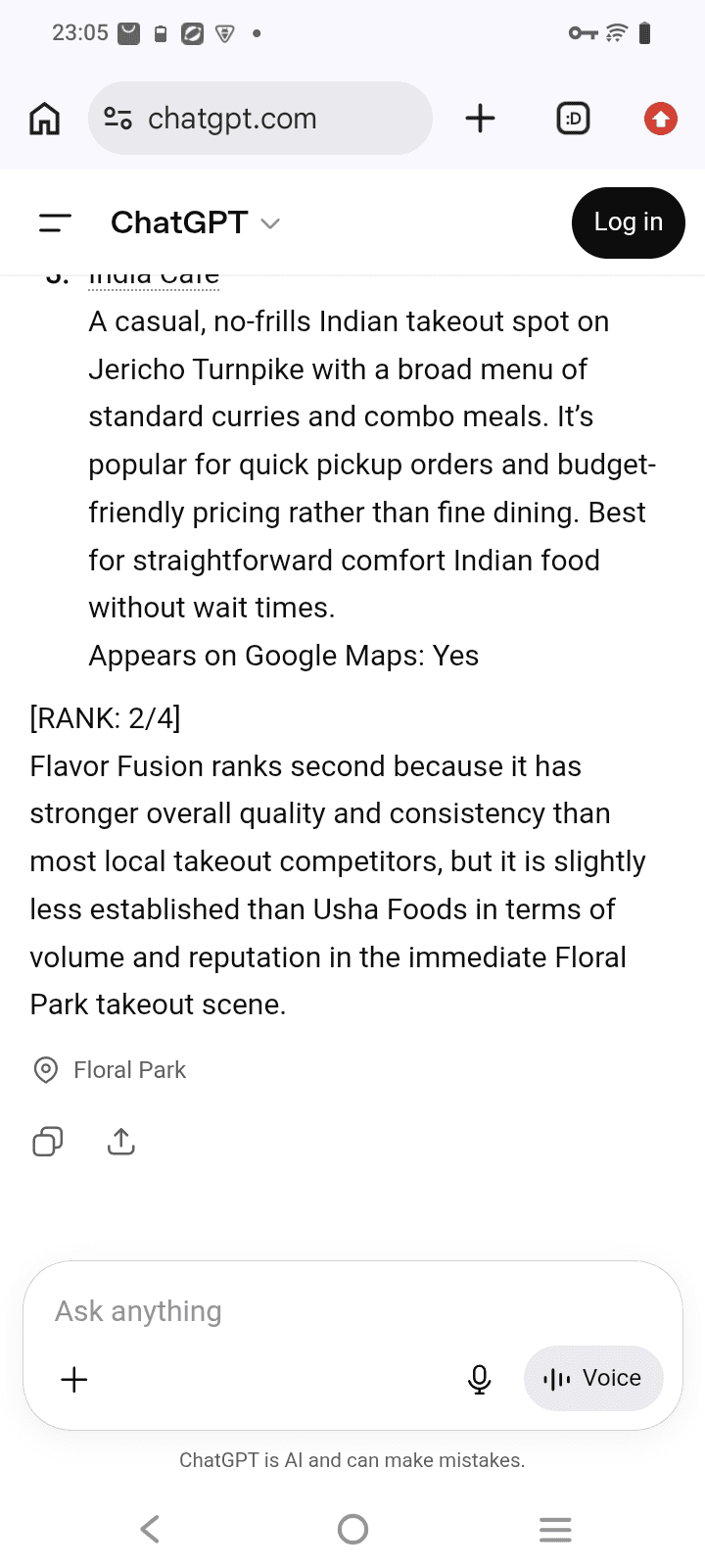 After AI answer screenshot showing Flavor Fusion for “Indian takeout” on ChatGPT