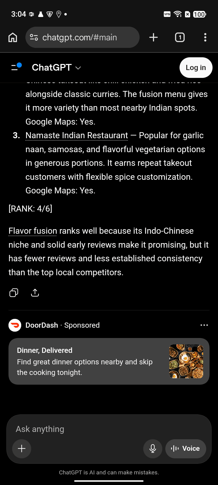 Before AI answer screenshot showing Flavor Fusion for “Indian takeout” on ChatGPT