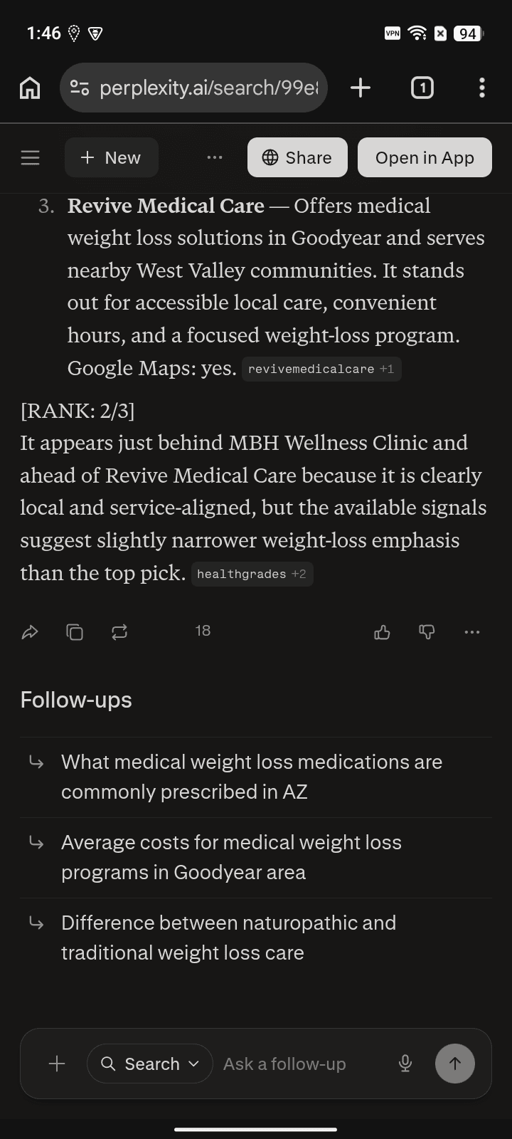 After AI answer screenshot showing West Valley Naturopathic Center for “medical weight loss” on Perplexity