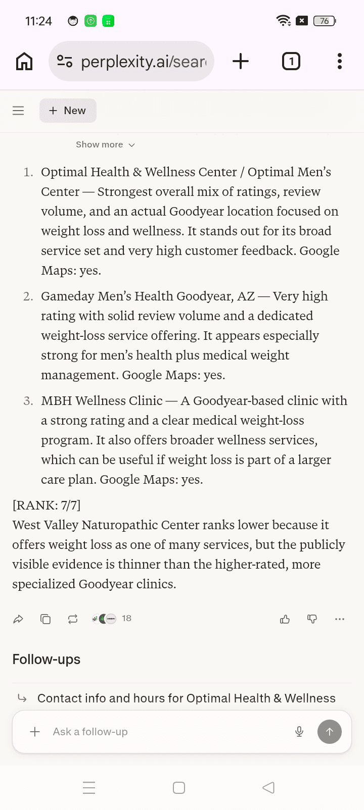 Before AI answer screenshot showing West Valley Naturopathic Center for “medical weight loss” on Perplexity