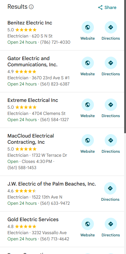 Google Maps Local Pack result showing Gator Electric and Communications, Inc. at position #2 for "Electrical repair Lake Worth Beach"