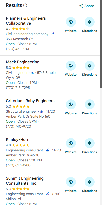 Google Maps Local Pack result showing Mack Engineering at position #2 for "civil engineering site planning Alpharetta"
