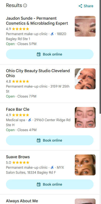 Google Maps Local Pack result showing Jaudon Sunde - Permanent Cosmetics & Microblading Expert at position #1 for "microblading"