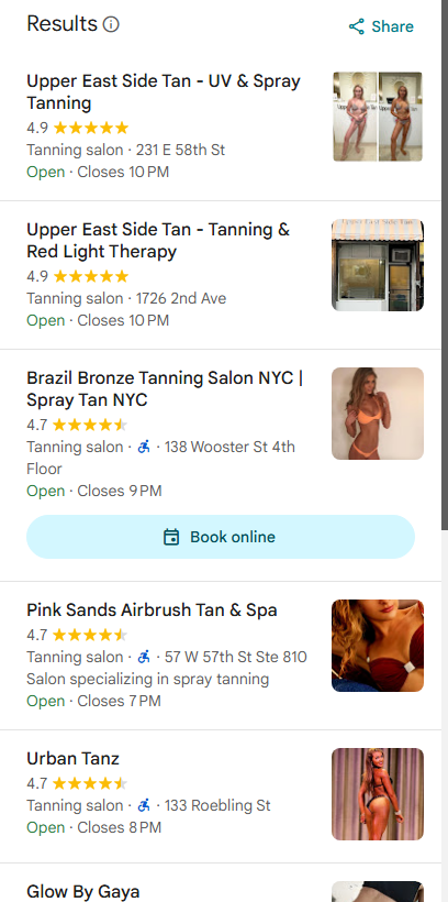 Google Maps Local Pack result showing Brazil Bronze Tanning Salon NYC | Spray Tan NYC at position #3 for "best spray tan"