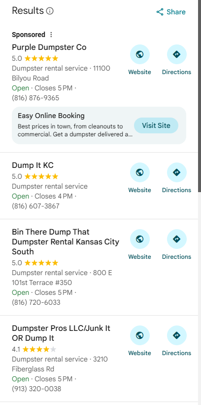 Google Maps Local Pack result showing Dump It KC at position #2 for "Dump It KC Kansas City"