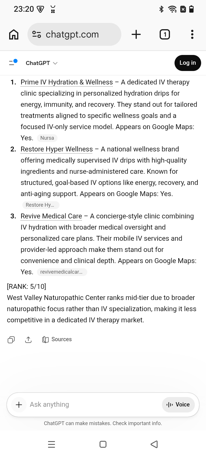 Before screenshot — West Valley Naturopathic Center, "iv hydration goodyear az" on ChatGPT