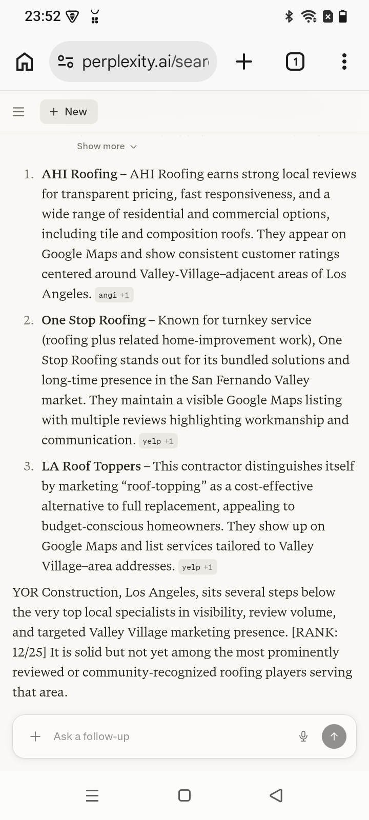 Before screenshot — YOR Construction, "Roofing Contractor" on Perplexity